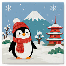 Carica l'immagine nel visualizzatore di Gallery, Mini Kit da Dipingere con i Numeri 20x20cm con cornice - Pinguino vicino al monte Fuji