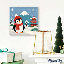 Carica l'immagine nel visualizzatore di Gallery, Mini Kit da Dipingere con i Numeri 20x20cm con cornice - Pinguino vicino al monte Fuji