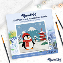 Carica l'immagine nel visualizzatore di Gallery, Mini Kit da Dipingere con i Numeri 20x20cm con cornice - Pinguino vicino al monte Fuji