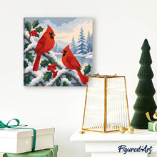 Carica l'immagine nel visualizzatore di Gallery, Mini Kit da Dipingere con i Numeri 20x20cm con cornice - Cardinali invernali