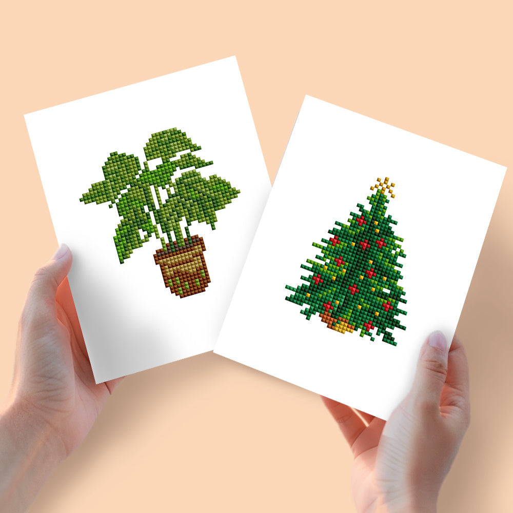 Mini Diamond Painting 15x20cm (2 pezzi) - Albero di Natale e Pianta in vaso