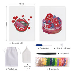 Mini Set Diamond Painting 15x20cm (2 pezzi) - Labbra Rosse e Torta ai Frutti di Bosco