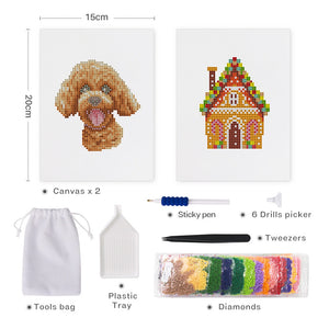 Mini Set Diamond Painting 15x20cm (2 pezzi) - Cucciolo e Cottage