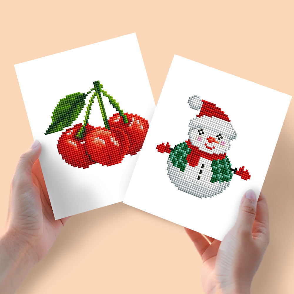 Mini Diamond Painting 15x20cm (2 pezzi) - Ciliegie e Pupazzo di neve
