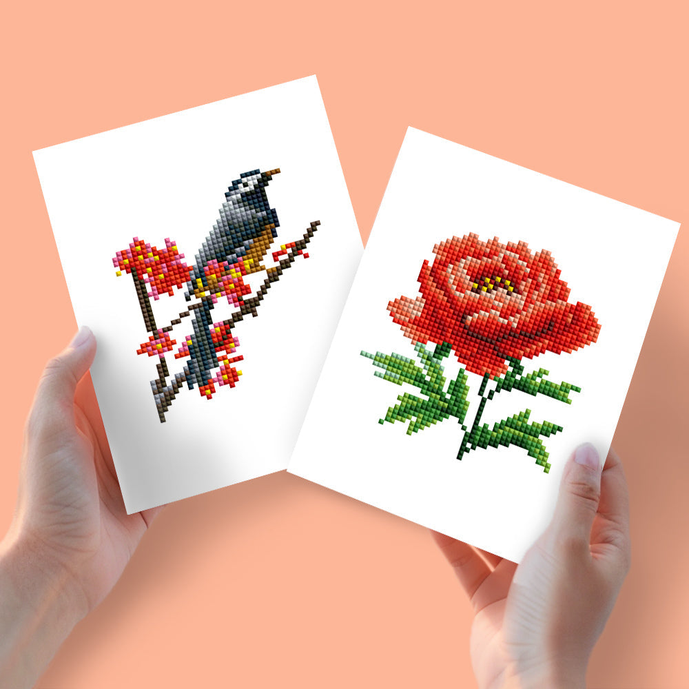 Mini Diamond Painting 15x20cm (2 pezzi) - Uccello e Rosa