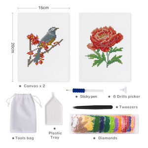 Mini Set Diamond Painting 15x20cm (2 pezzi) - Uccello e Rosa