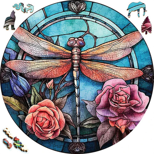 Puzzle 2D in legno - Libellula e Rose