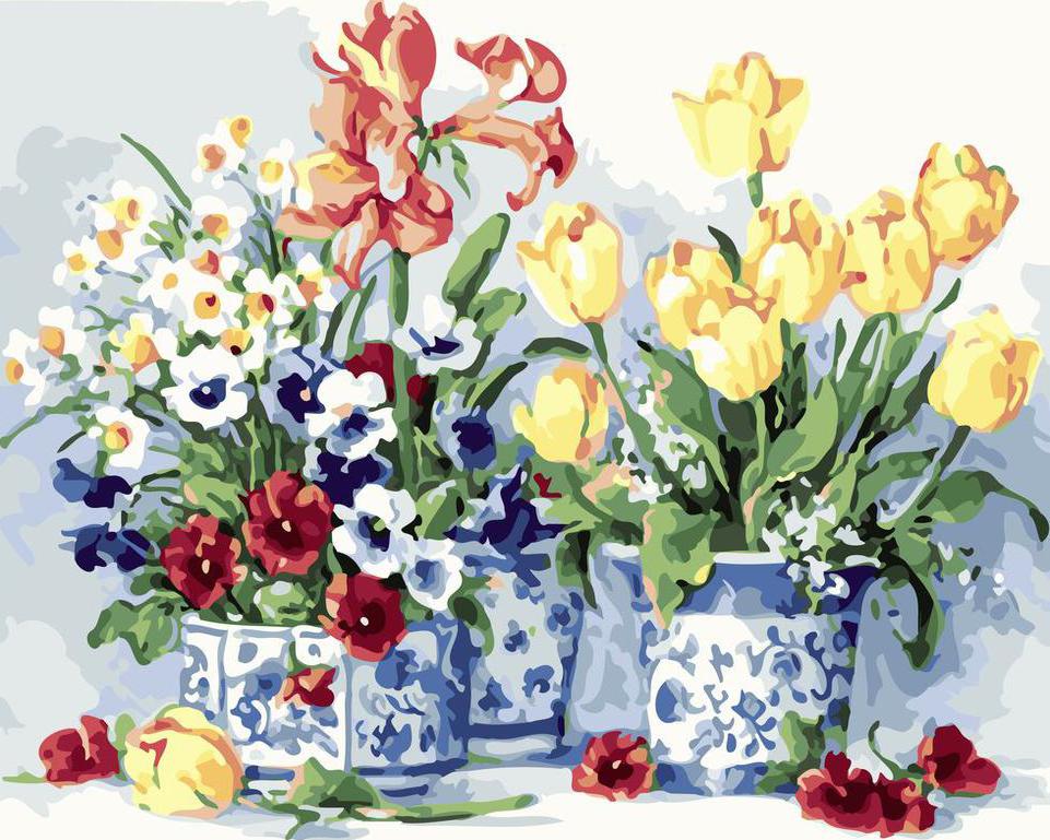 Dipingere con i numeri - Mazzi di fiori in vasi decorati