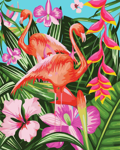 Dipingere con i numeri - Fenicotteri tra foglie e fiori tropicali