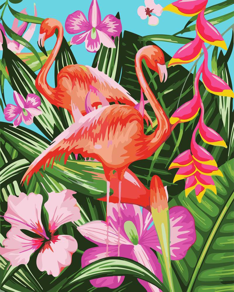 Dipingere con i numeri - Fenicotteri tra foglie e fiori tropicali