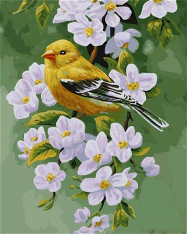 Dipingere con i numeri - Uccellino su un ramo fiorito