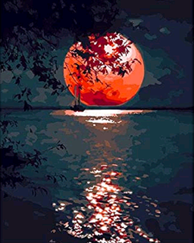 Dipingere con i numeri - Luna rossa sul lago