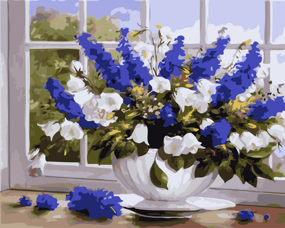 Dipingere con i numeri - Vaso di fiori blu e bianchi
