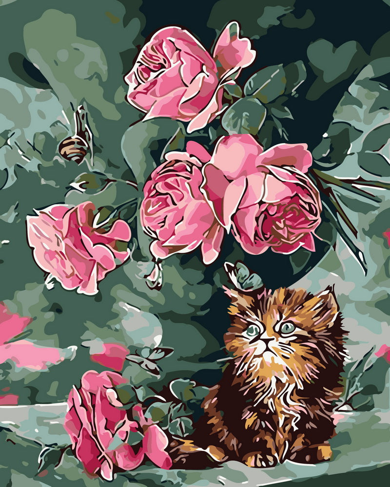 Dipingere con i numeri - Mazzo di rose e gatto