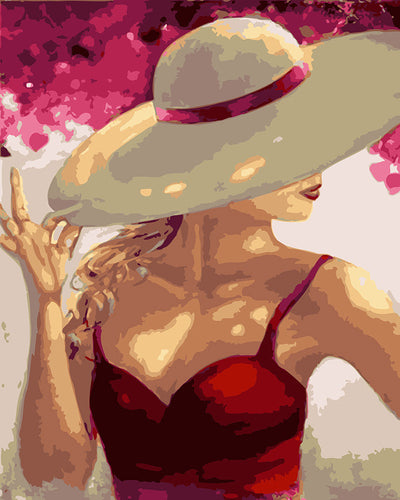 Dipingere con i numeri - Donna con cappello e vestito rosso Figured'Art