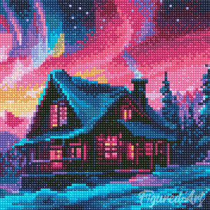 Mini Diamond Painting 25x25cm Casa sotto l'Aurora Boreale
