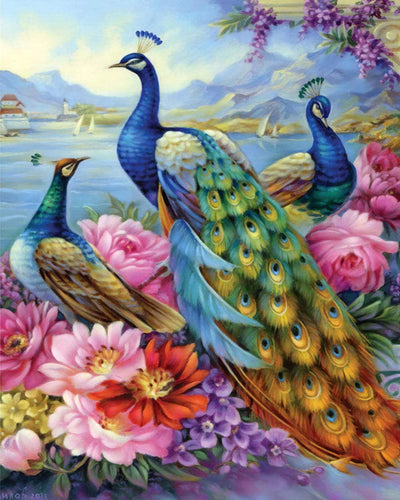 Diamond Painting - Pavoni e fiori sul lago