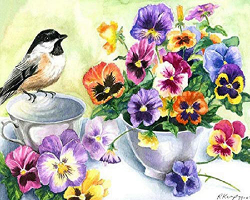Diamond Painting - Primule e usignolo