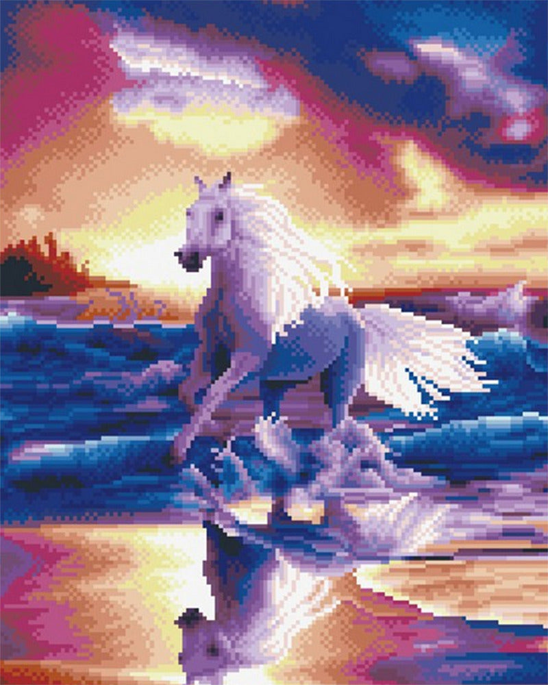 Diamond Painting - Cavallo bianco che corre lungo il mare
