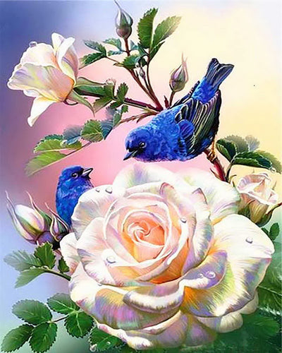 Diamond Painting - Rose bianche e uccelli blu