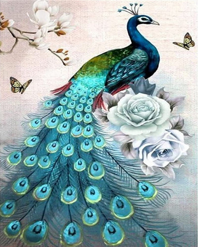 Diamond Painting - Pavone e fiori bianchi
