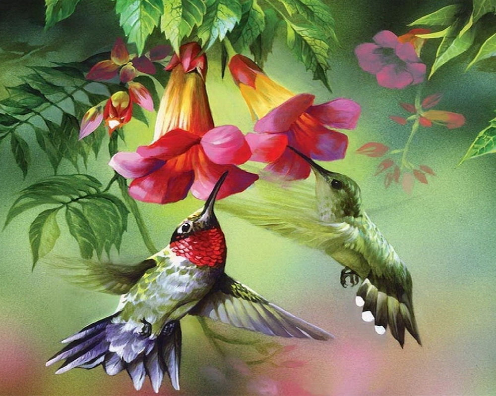 Diamond Painting - Colibrì e i loro fiori