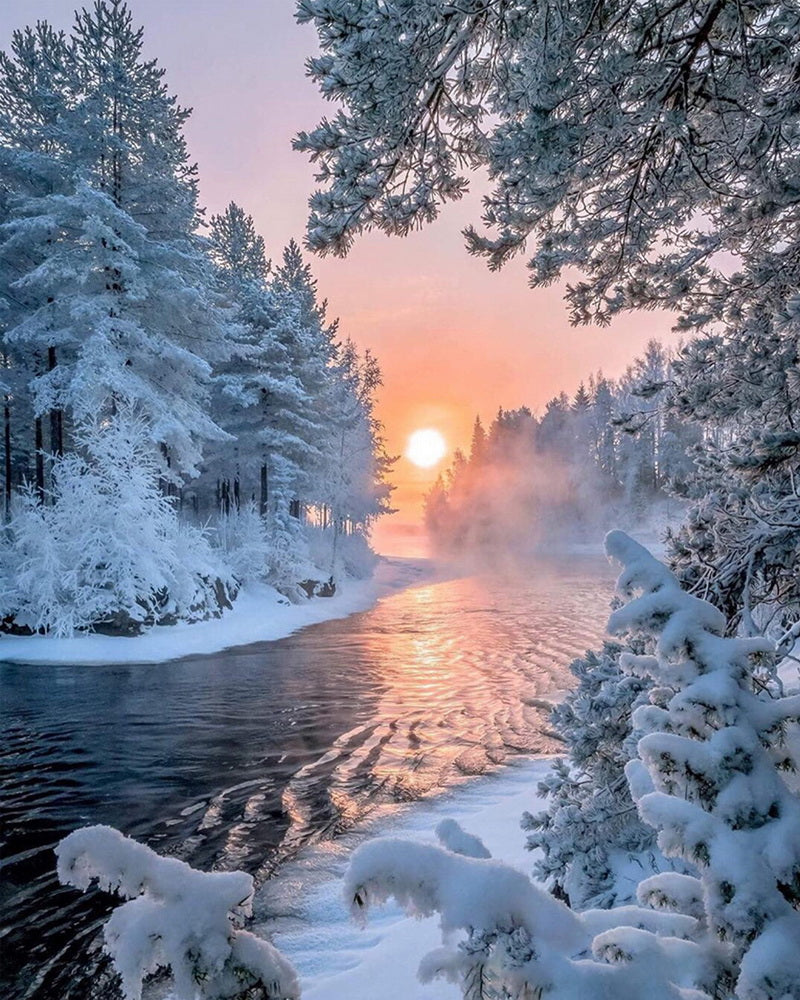 Diamond Painting - Fiume nel mezzo della foresta in inverno
