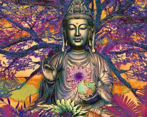 Diamond Painting - Statua di Buddha davanti a un grande albero