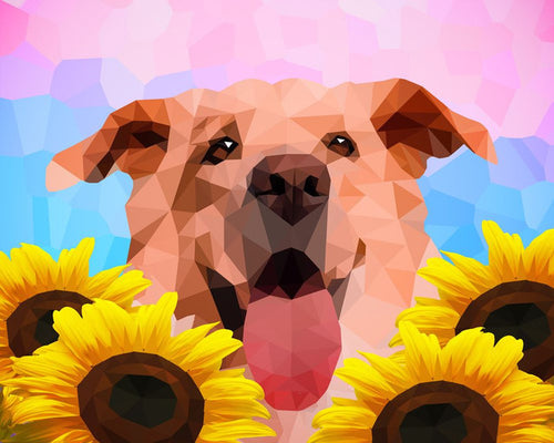Diamond Painting - Cane e girasoli geometrici 40x50cm tela già incorniciata