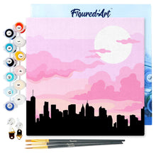 Carica l&#39;immagine nel visualizzatore di Gallery, Mini Kit da Dipingere con i Numeri 20x20cm con cornice New York sotto un cielo rosa