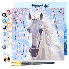 Carica l&#39;immagine nel visualizzatore di Gallery, Mini Kit da Dipingere con i Numeri 20x20cm con cornice Cavallo bianco e fiori rosa