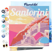 Carica l&#39;immagine nel visualizzatore di Gallery, Mini Kit da Dipingere con i Numeri 20x20cm con cornice Tramonto a Santorini
