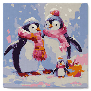 Mini Kit da Dipingere con i Numeri con cornice Famiglia di Pinguini nella Neve