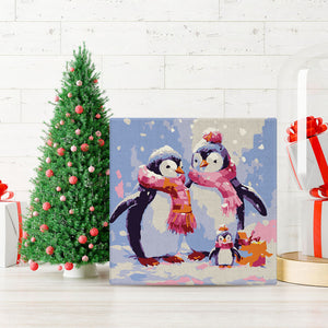 Mini Kit da Dipingere con i Numeri 20x20cm con cornice Famiglia di Pinguini nella Neve