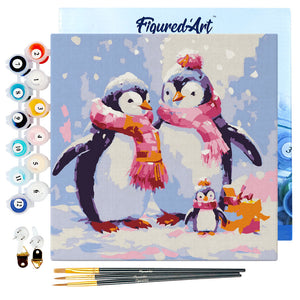 Mini Kit da Dipingere con i Numeri 20x20cm con cornice Famiglia di Pinguini nella Neve