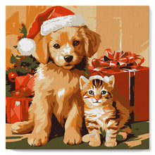 Carica l&#39;immagine nel visualizzatore di Gallery, Mini Kit da Dipingere con i Numeri con cornice Cuccioli con cappello di Babbo Natale