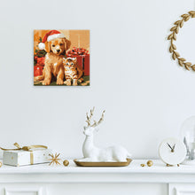 Carica l&#39;immagine nel visualizzatore di Gallery, Mini Kit da Dipingere con i Numeri 20x20cm con cornice Cuccioli con cappello di Babbo Natale