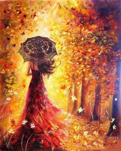 Dipingere con i numeri - Bosco Autunnale E Donna Con L'Ombrello
