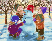 Carica l&#39;immagine nel visualizzatore di Gallery, Dipingere con i numeri - Natale Con Tre Bambini Che Giocano Nella Neve