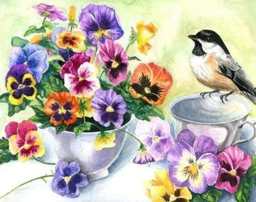 Diamond Painting - Uccellino E Coppa Di Fiori