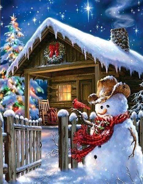 Diamond Painting - Casa Invernale E Pupazzo Di Neve