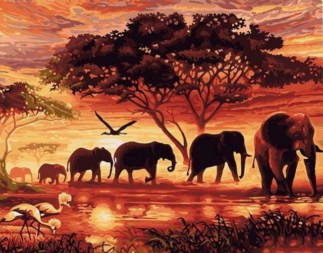 Dipingere con i numeri - Elefanti Al Tramonto