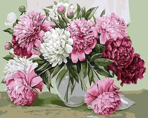 Dipingere con i numeri - Belle Peonie In Vaso Trasparente