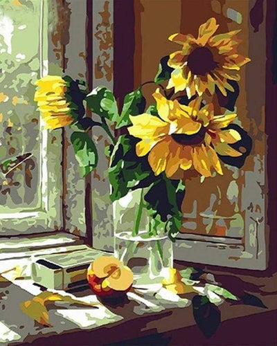 Dipingere con i numeri - Girasoli E Mela Davanti Alla Finestra